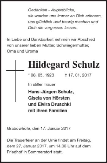 Traueranzeige von Hildegard Schulz von Müritz-Zeitung