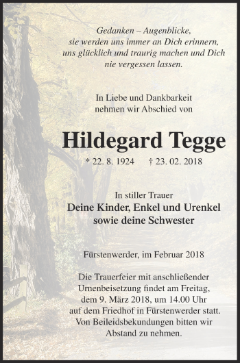 Traueranzeige von Hildegard Tegge von Prenzlauer Zeitung