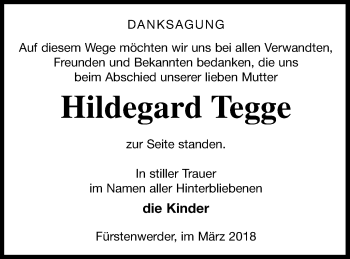 Traueranzeige von Hildegard Tegge von Prenzlauer Zeitung