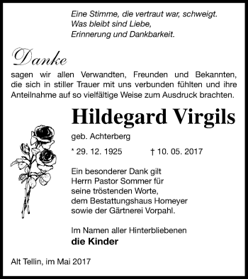 Traueranzeige von Hildegard Virgils von Vorpommern Kurier