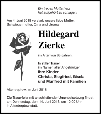 Traueranzeige von Hildegard Zierke von Neubrandenburger Zeitung