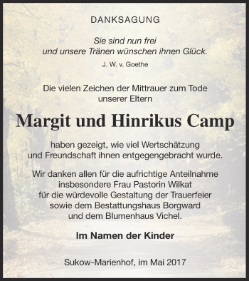 Traueranzeige von Hinrikus Camp von Mecklenburger Schweiz