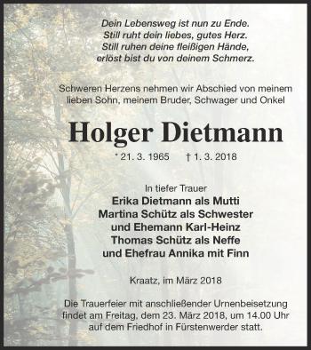 Traueranzeige von Holger Dietmann von Prenzlauer Zeitung