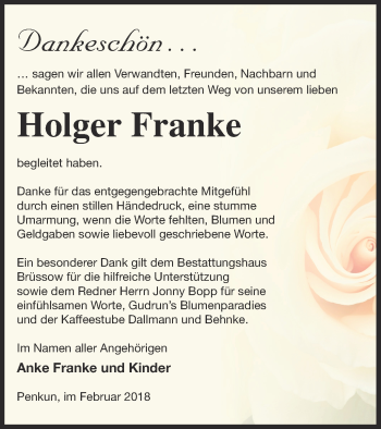 Traueranzeige von Holger Franke von Pasewalker Zeitung