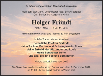 Traueranzeige von Holger Fründt von Müritz-Zeitung
