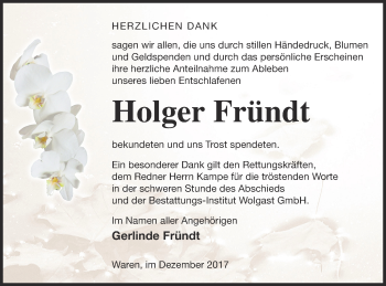 Traueranzeige von Holger Fründt von Müritz-Zeitung