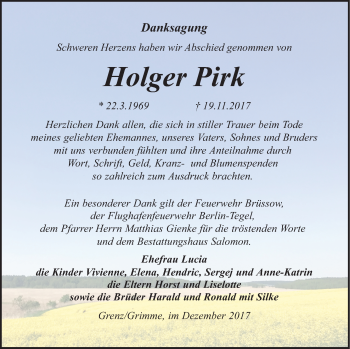 Traueranzeige von Holger Pirk von Pasewalker Zeitung