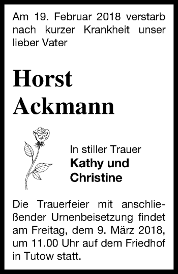 Traueranzeige von Horst Ackmann von Vorpommern Kurier