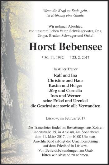 Traueranzeige von Horst Bebensee von Vorpommern Kurier