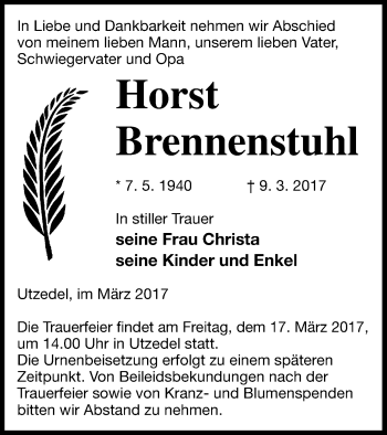 Traueranzeige von Horst Brennenstuhl von Demminer Zeitung