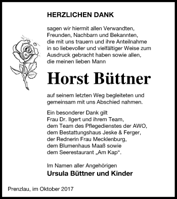 Traueranzeige von Horst Büttner von Prenzlauer Zeitung