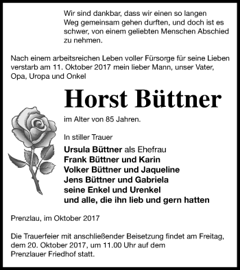 Traueranzeige von Horst Büttner von Prenzlauer Zeitung