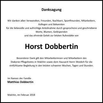 Traueranzeige von Horst Dobbertin von Mecklenburger Schweiz