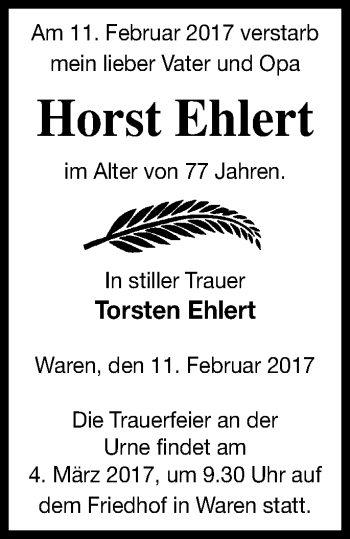 Traueranzeige von Horst Ehlert von Müritz-Zeitung
