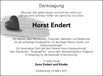 Traueranzeige von Horst Endert von Pasewalker Zeitung