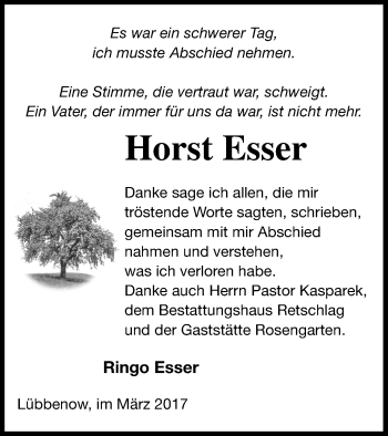 Traueranzeige von Horst Esser von Pasewalker Zeitung