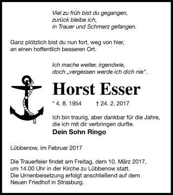 Traueranzeige von Horst Esser von Pasewalker Zeitung