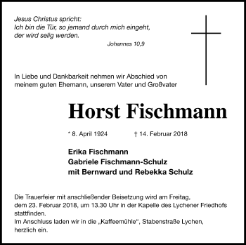 Traueranzeige von Horst Fischmann von Templiner Zeitung