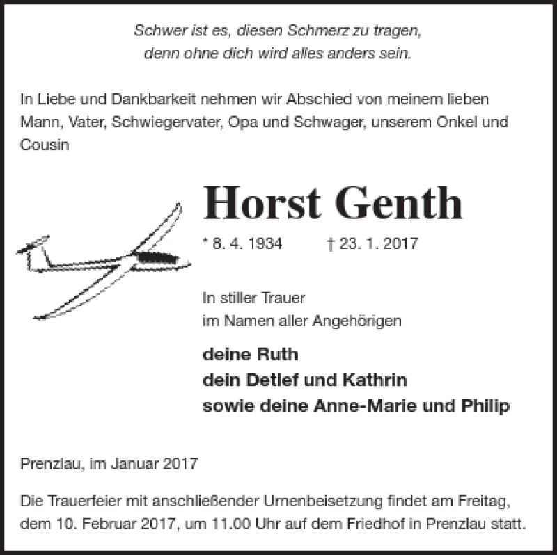  Traueranzeige für Horst Genth vom 28.01.2017 aus Prenzlauer Zeitung