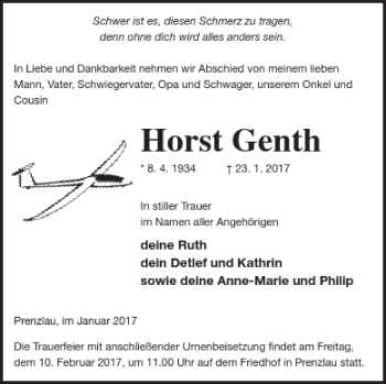 Traueranzeige von Horst Genth von Prenzlauer Zeitung