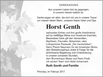 Traueranzeige von Horst Genth von Pasewalker Zeitung