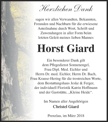 Traueranzeige von Horst Giard von Prenzlauer Zeitung