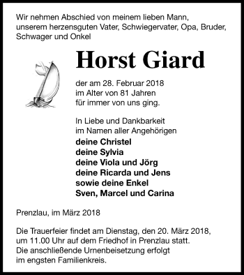 Traueranzeige von Horst Giard von Prenzlauer Zeitung