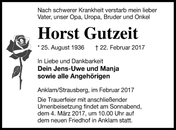 Traueranzeige von Horst Gutzeit von Vorpommern Kurier