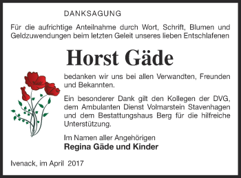 Traueranzeige von Horst Gäde von Mecklenburger Schweiz