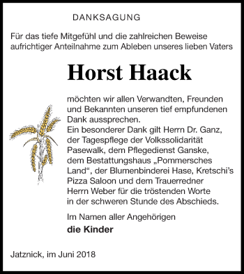 Traueranzeige von Horst Haack von Pasewalker Zeitung
