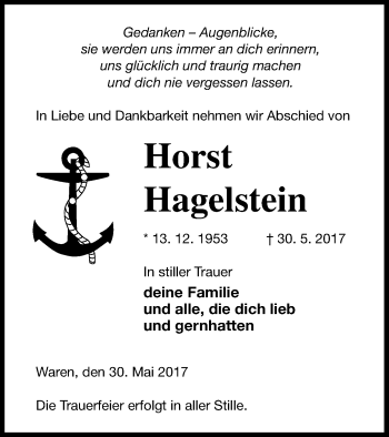 Traueranzeige von Horst Hagelstein von Müritz-Zeitung