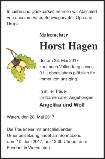 Traueranzeige von Horst Hagen von Müritz-Zeitung