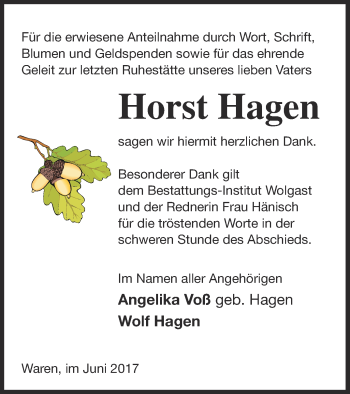 Traueranzeige von Horst Hagen von Müritz-Zeitung