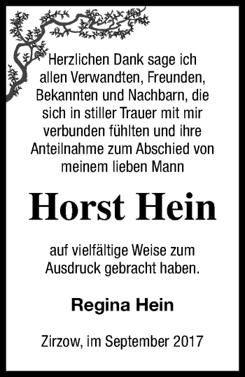 Traueranzeige von Horst Hein von Neubrandenburger Zeitung