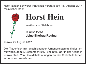 Traueranzeige von Horst Hein von Neubrandenburger Zeitung