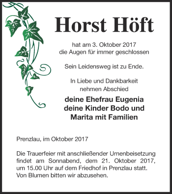 Traueranzeige von Horst Höft von Prenzlauer Zeitung