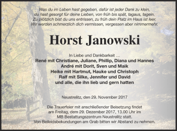 Traueranzeige von Horst Janowski von Strelitzer Zeitung