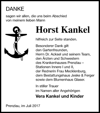 Traueranzeige von Horst Kankel von Prenzlauer Zeitung