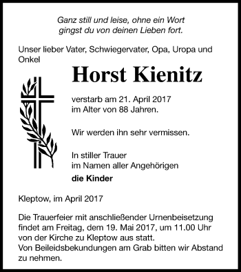 Traueranzeige von Horst Kienitz von Prenzlauer Zeitung