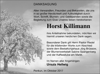 Traueranzeige von Horst Killimann von Pasewalker Zeitung