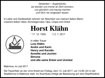 Traueranzeige von Horst Klähn von Müritz-Zeitung