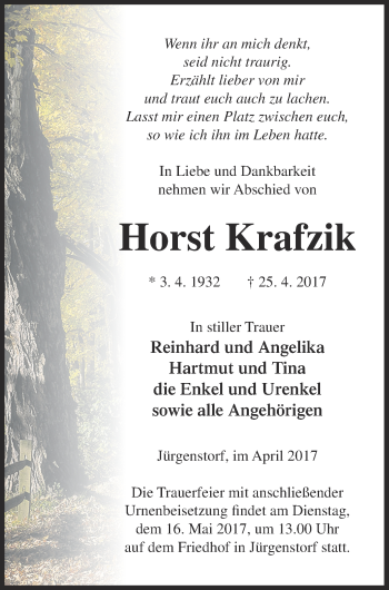 Traueranzeige von Horst Krafzik von Mecklenburger Schweiz