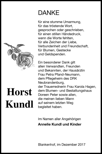 Traueranzeige von Horst Kundl von Neubrandenburger Zeitung