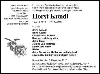 Traueranzeige von Horst Kundl von Neubrandenburger Zeitung