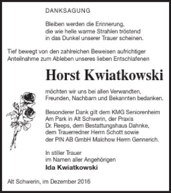 Traueranzeige von Horst Kwiatkowski von Müritz-Zeitung