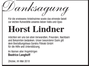 Traueranzeige von Horst Lindner von Vorpommern Kurier