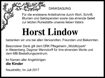 Traueranzeige von Horst Lindow von Strelitzer Zeitung