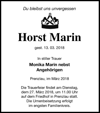 Traueranzeige von Horst Marin von Prenzlauer Zeitung