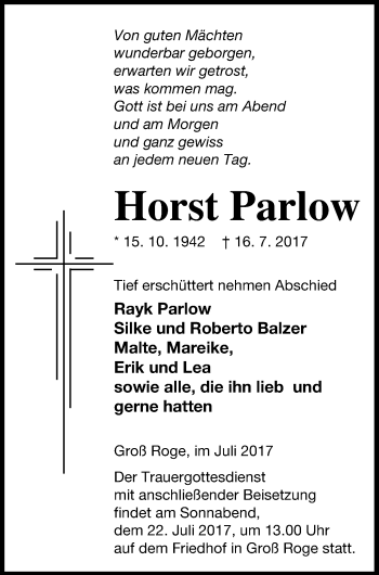 Traueranzeige von Horst Parlow von Mecklenburger Schweiz