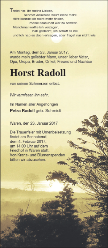 Traueranzeige von Horst Radoll von Müritz-Zeitung